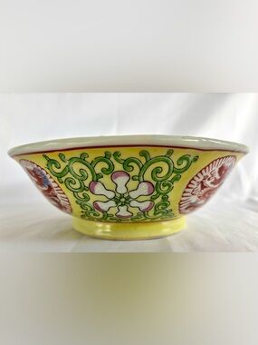 Vintage Asian Hand Painted Yellow Dragon Bowl